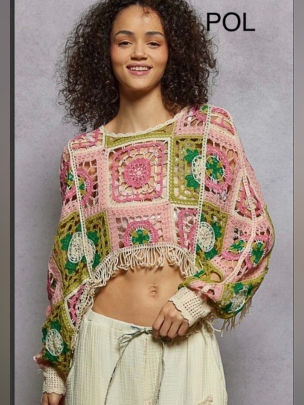 POL Granny Square Crochet Fringe Crop Sweater One Size Pink Green